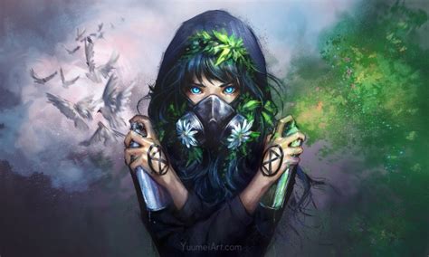 Download 1440x3088 Anime Girl Riot Hoodie Mask Anonymous Paint