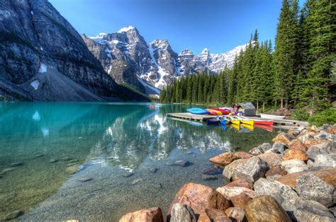 Canada Parks Mountains Lake Stones Boats Forests Scenery Banff