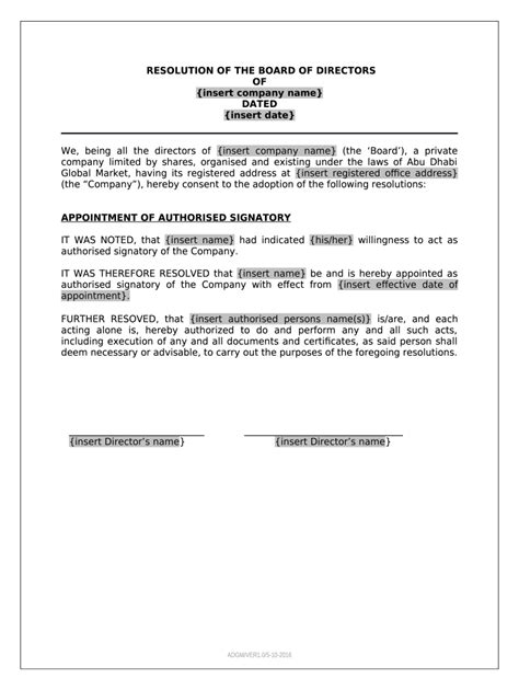Board Resolution To Authorize The Director As Signing Authority Board