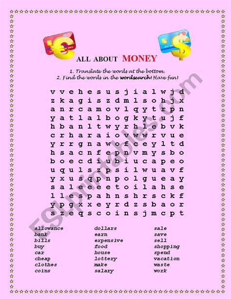 English Worksheets Wordsearch All About Money