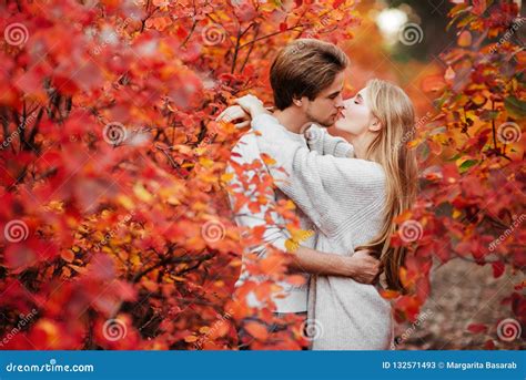 Autumn Love Couple Kissing In Fall Park Stock Image Image Of Golden