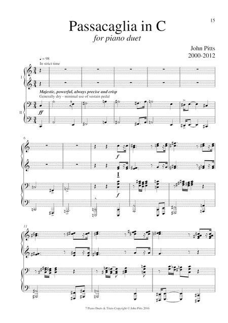 Passacaglia In C Piano Duet Sheet Music John Pitts Instrumental Duet