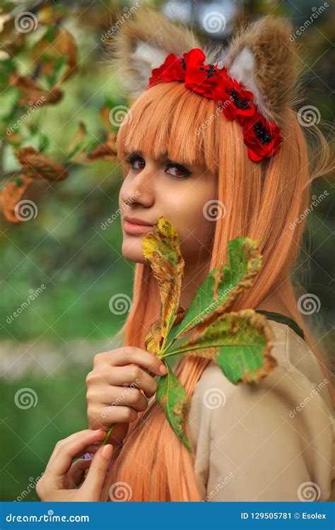 Wolf Girl Cosplay Character In Autumn Park Stock Image Image Of