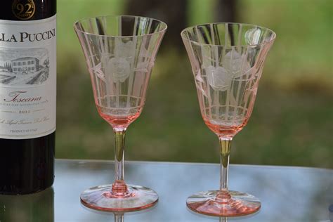 Vintage Etched Pink Optic Glass Wine Glasses Set Of 4 Vintage Pink Depression Etched Wine