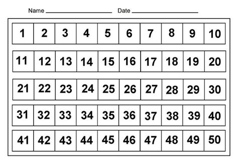 50 Number Chart Printable Activity Shelter