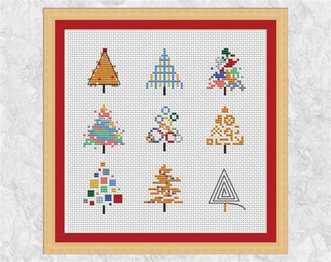 nine christmas trees cross stitch pattern mini christmas card etsy uk cross stitch tree