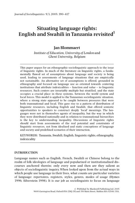 Pdf Situating Language Rights English And Swahili In Tanzania Revisited1