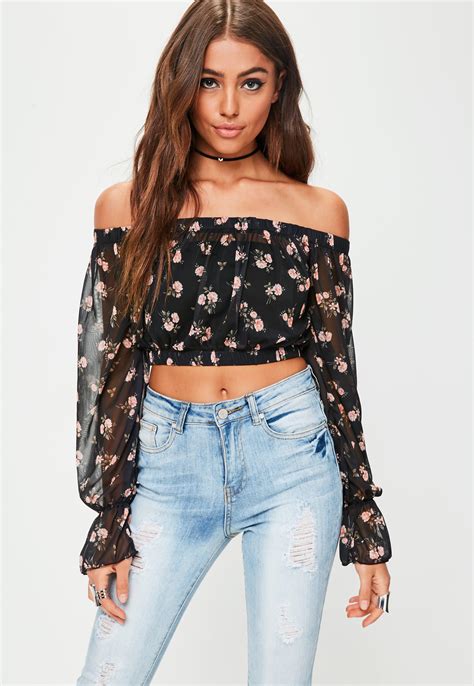Lyst Missguided Black Ditsy Floral Mesh Bardot Crop Top In Black