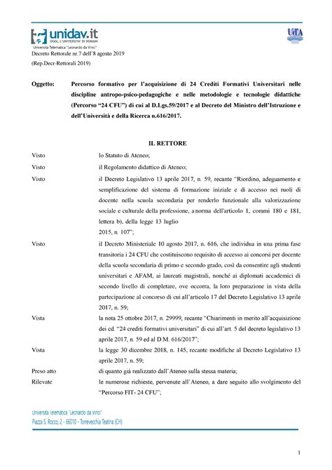 DR 7 8 Agosto 19 E Allegato 24 CFU Dalla Gabriele D Annunzio