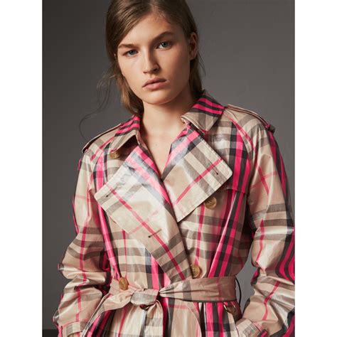 Laminated Check Trench Coat In Neon Pink Women Burberry United States