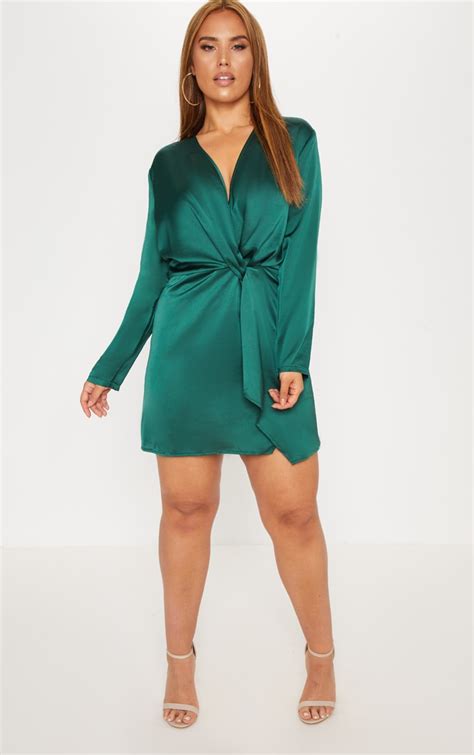 Plus Emerald Green Satin Wrap Dress Prettylittlething Usa