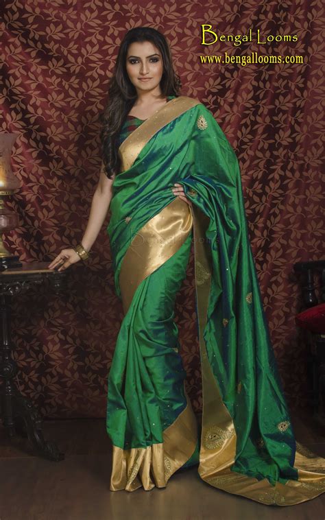 Art Silk Embroidery Saree In Emerald Green And Gold Art Silk Sarees Embroidery Saree Silk Sarees