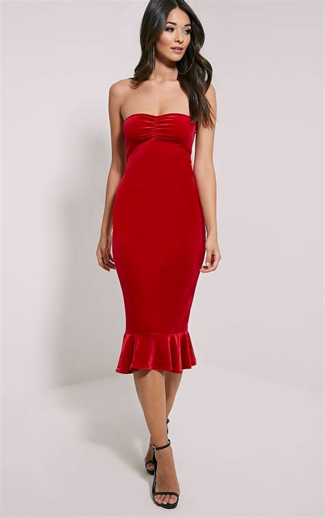 Tawny Red Velvet Bandeau Midi Dress Dresses Prettylittlething