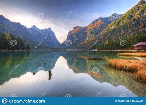 Dolomites Mountains With Reflection In Lago Di Dobbiaca