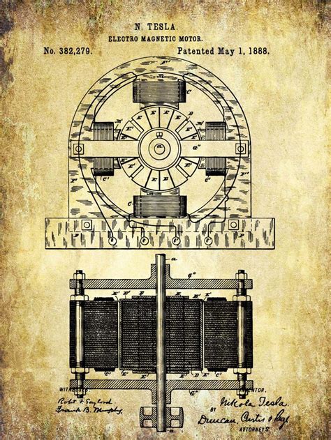 Nikola Tesla Patent Poster Original 1888 Electric Motor Patent Vintage Print Patent Art