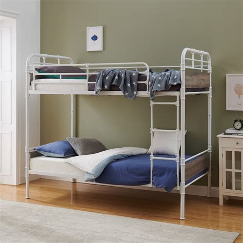 Welwick Designs Industrial Twin Over Twin Metal Wood Bunk Bed White