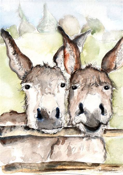 Two Donkeys Illustration Painting Donkeys Watercolor Art Etsy