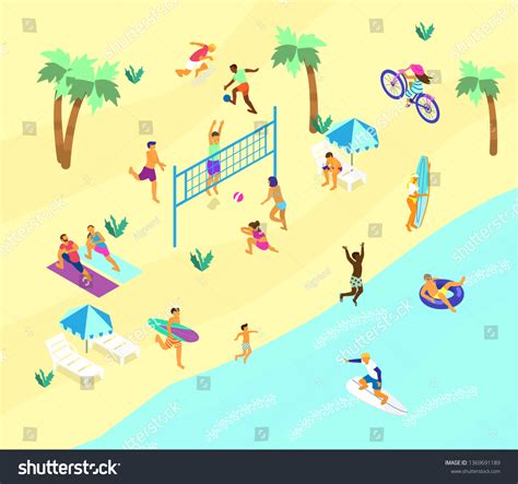 Isometric Beach Scene Lots Different People Stock Vector Royalty Free