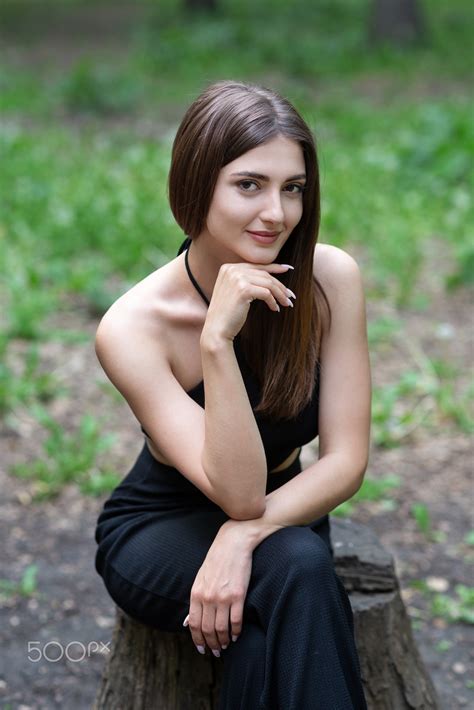 Murat Kuzhakhmetov Women Brunette Long Hair Straight Hair Smiling Dress Black Clothing Tree