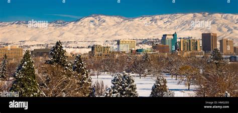 Winter City Of Boise And Snow Covered Foothills Boise Idaho Usa