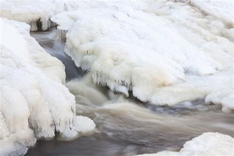 Flowing River And Icicles In Winter Stock Photo Image Of Falls