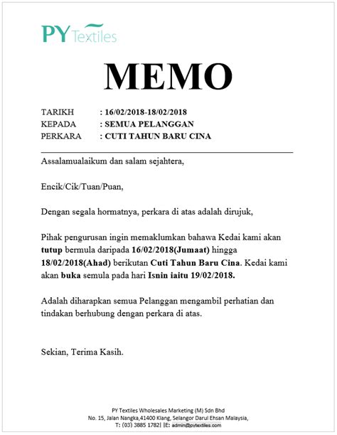 Berikut adalah beberapa contoh memo resmi dalam bahasa inggris. Contoh Memo Cuti Umum