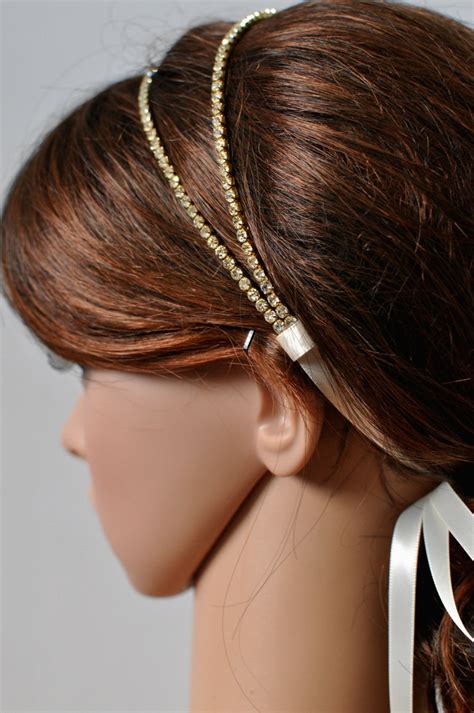 Gold Double Rhinestone Ribbon Headband Wedding Headpiece Etsy