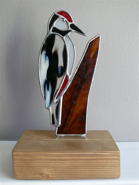 Stained Glass Spotted Woodpecker On Wood Dragonfly Glass Art