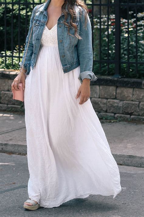 White Maxi Dress With Denim Jacket Fashion Style Ideas A