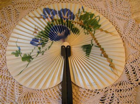 Vintage Paper Fan With Blue Morning Glories Flowers And Green Etsy