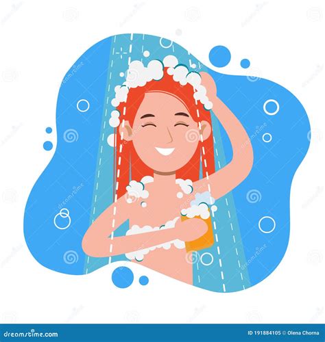 Young Woman Taking Shower In Bathroom Washes Head Hair And Body With Shampoo And Soap Stock