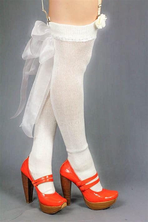White Victorian Steampunk Thigh High Stockings With Sheer Bow Etsy