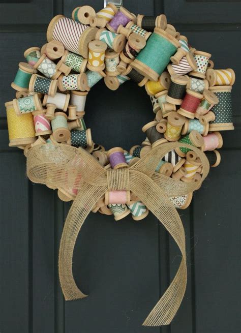 Colorful Wooden Spool Wreath With Burlap Bow Etsy Spool Crafts