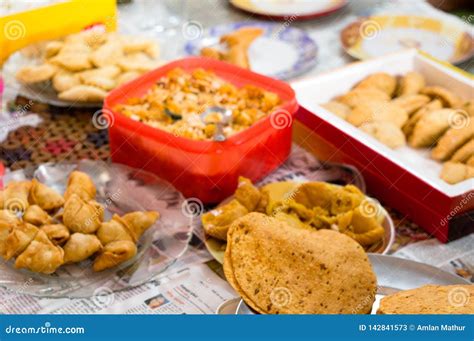 Mix Of North Indian Snacks On The Table In Home Stock Image Image Of