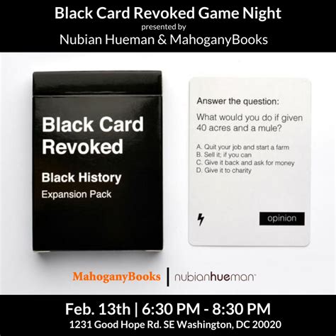 Latesha williams and jay bobo joined forces to create the foundation for the popular card game black card revoked in 2015. 🏆 Feb 13 | Nubian Hueman + MahoganyBooks presents Black ...