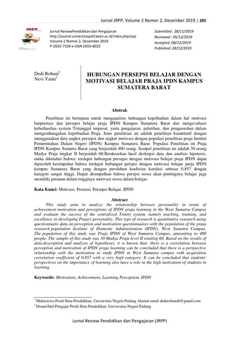 Pdf Hubungan Persepsi Belajar Dengan Motivasi Belajar Praja Ipdn