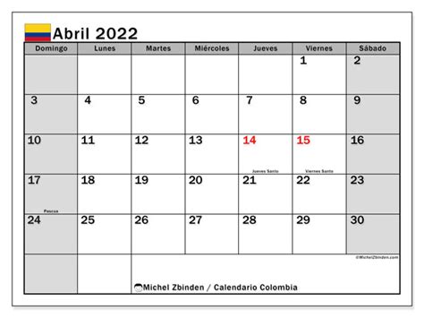 Calendario “colombia Ds” Abril De 2022 Para Imprimir Michel Zbinden Es
