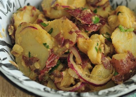 It's just as creamy, savory, and tangy, but it has a lighter dressing, no hard boiled eggs , and plenty of veggies tossed in for crunch. Red Potato Salad with Warm Beer Dressing | Not Just Sunday Dinner