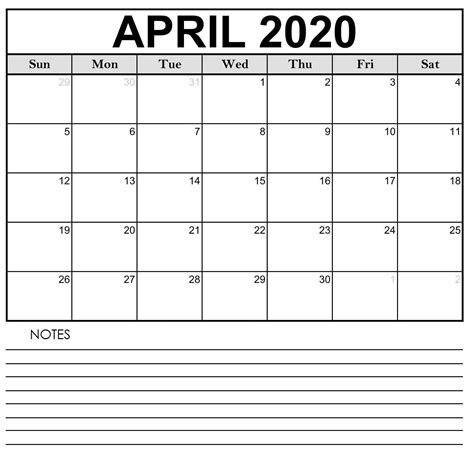 Blank April 2020 Calendar With Notes Blank Calendar Template