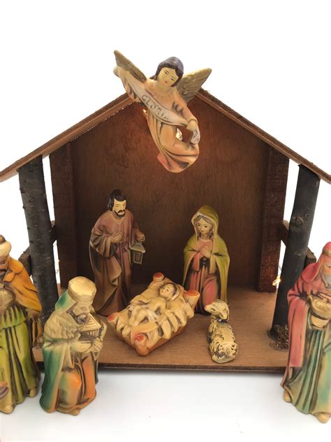 Vintage Nativity Set With Wooden Crèche Hand Painted Figurines Made In