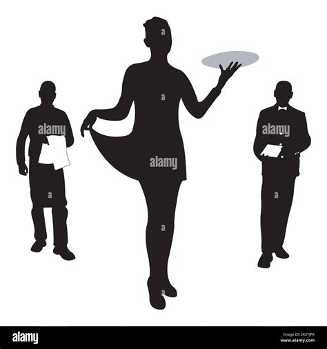 Vector Set Of Waiter And Waitress At Restaurant Silhouettes Illustration Isolated On White