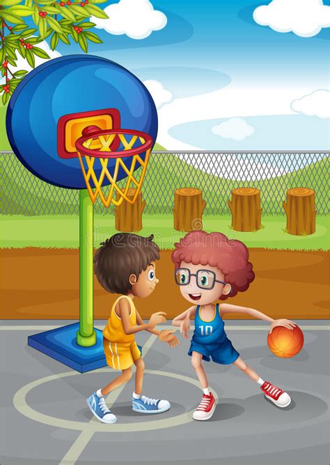 Two Boys Playing Basketball At The Basketball Court Stock Vector