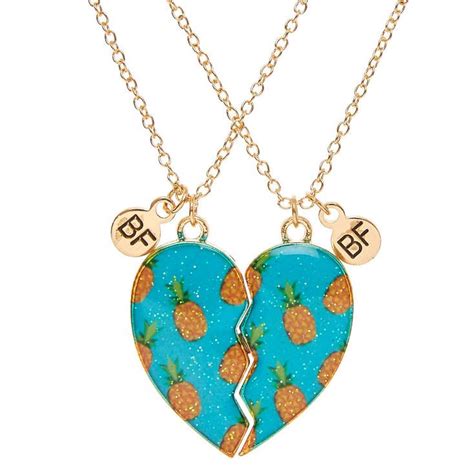 Best Friends Pineapple Print Split Heart Pendant Gold Tone Necklaces