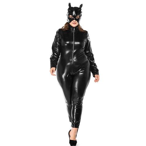 2019 Plus Size Halloween Catwoman Costume Sexy Black Faux Leather Catsuit Front Zipper Stretch