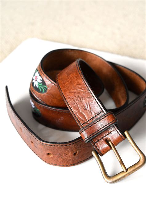 Vintage 90s Brown Dirndl Leather Belt Tooled Belt Waist Etsy
