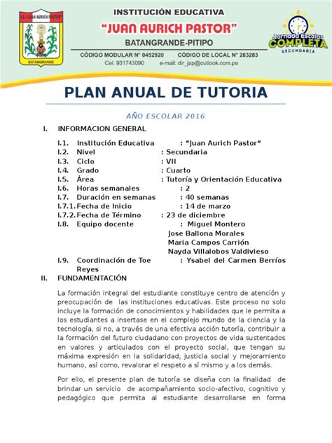 Plan Anual De Tutoria Año Escolar 2016 4to
