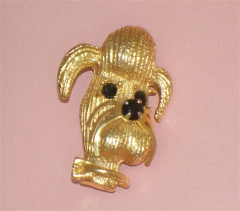 Vintage Poodle Head Pin Goldtone Textured Heavy Brooch Black Etsy