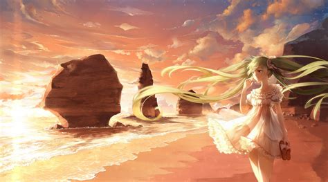 Vocaloid Hatsune Miku Long Hair Twintails White Dress Beach