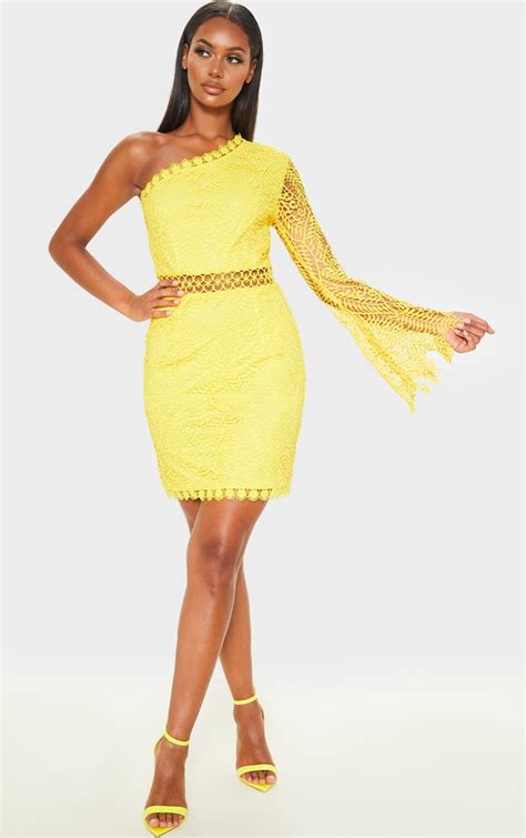 Bright Yellow One Shoulder Lace Bodycon Dress Prettylittlething Ie