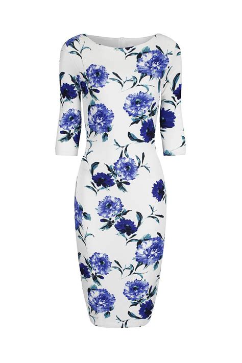 white and blue floral print 3 4 sleeve bodycon pencil wiggle dress pretty kitty fashion